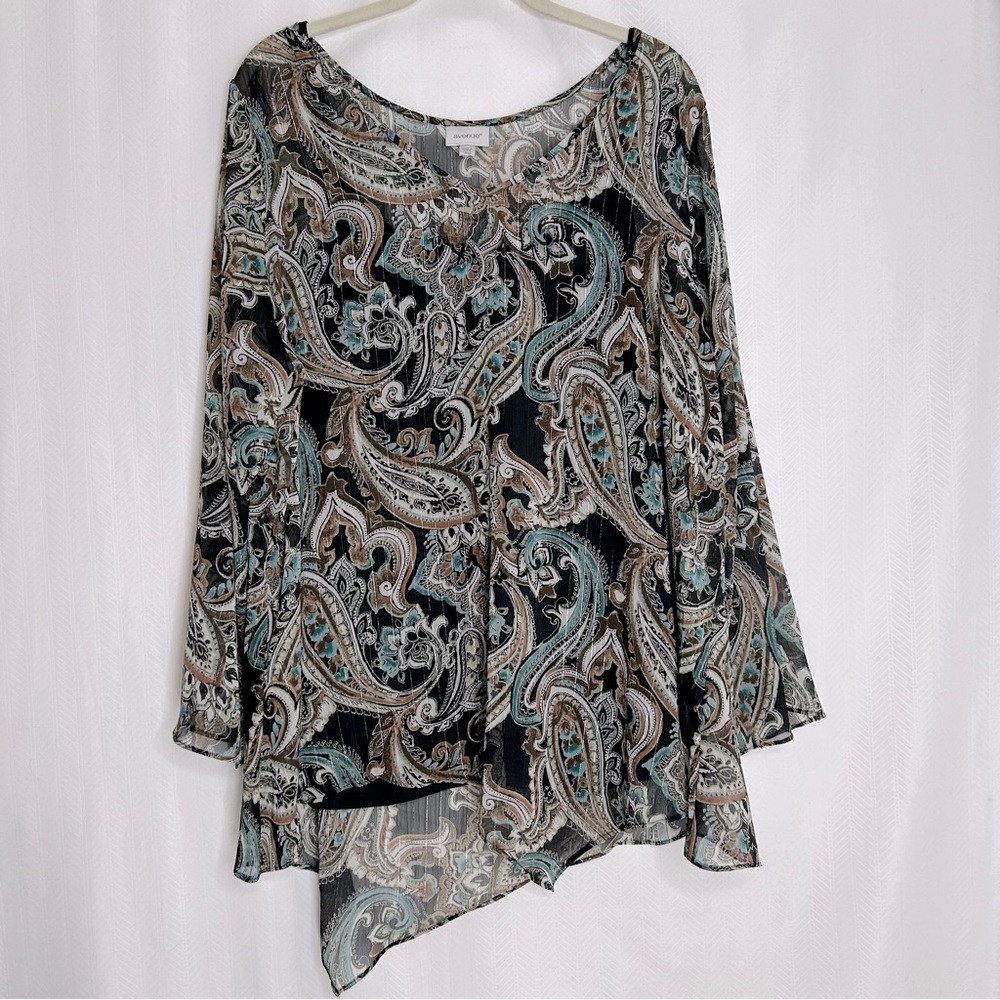 Avenue black and blue paisley blouse asymmetrical hem long sleeves size 20
